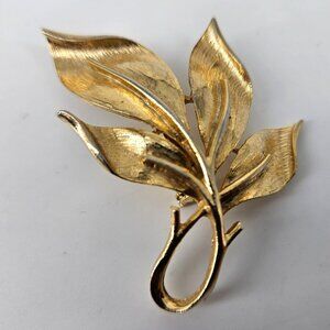 Vint Brooch Label Pin Gold Tone Leaf Leaves Brush Texture Estate Fall Autumn 2"